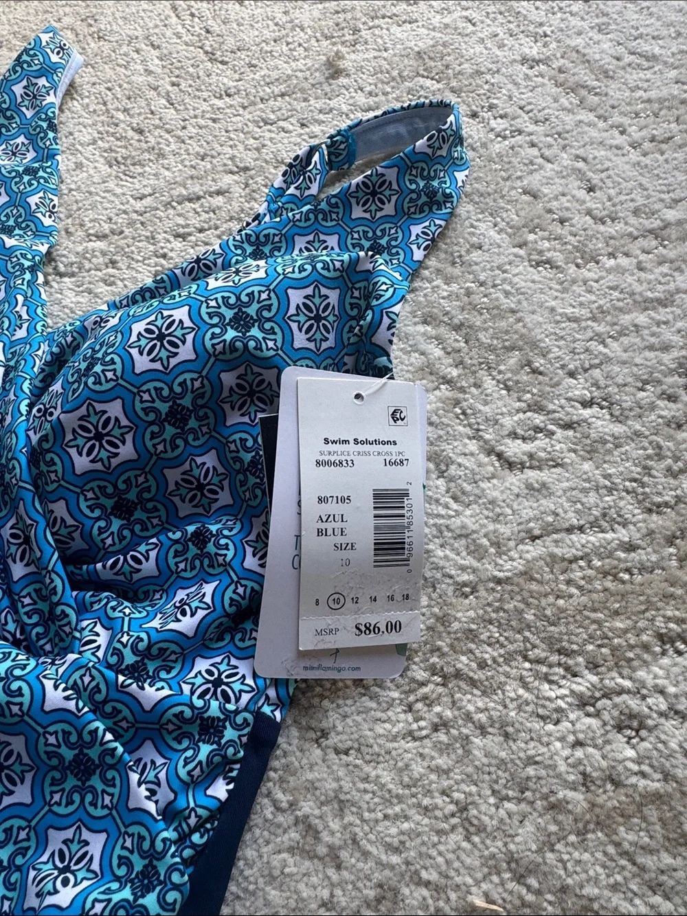 Swim Solutions Turquoise and Navy Tile-Print Wrap One-Piece Swimsuit - Picture 2 of 4